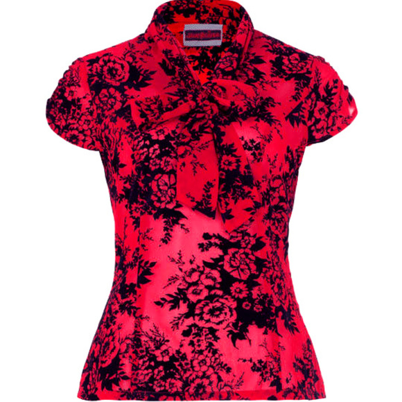 Voodoo Vixen Tops - New Fitted Red Black Flocked Neck Tie Blouse M